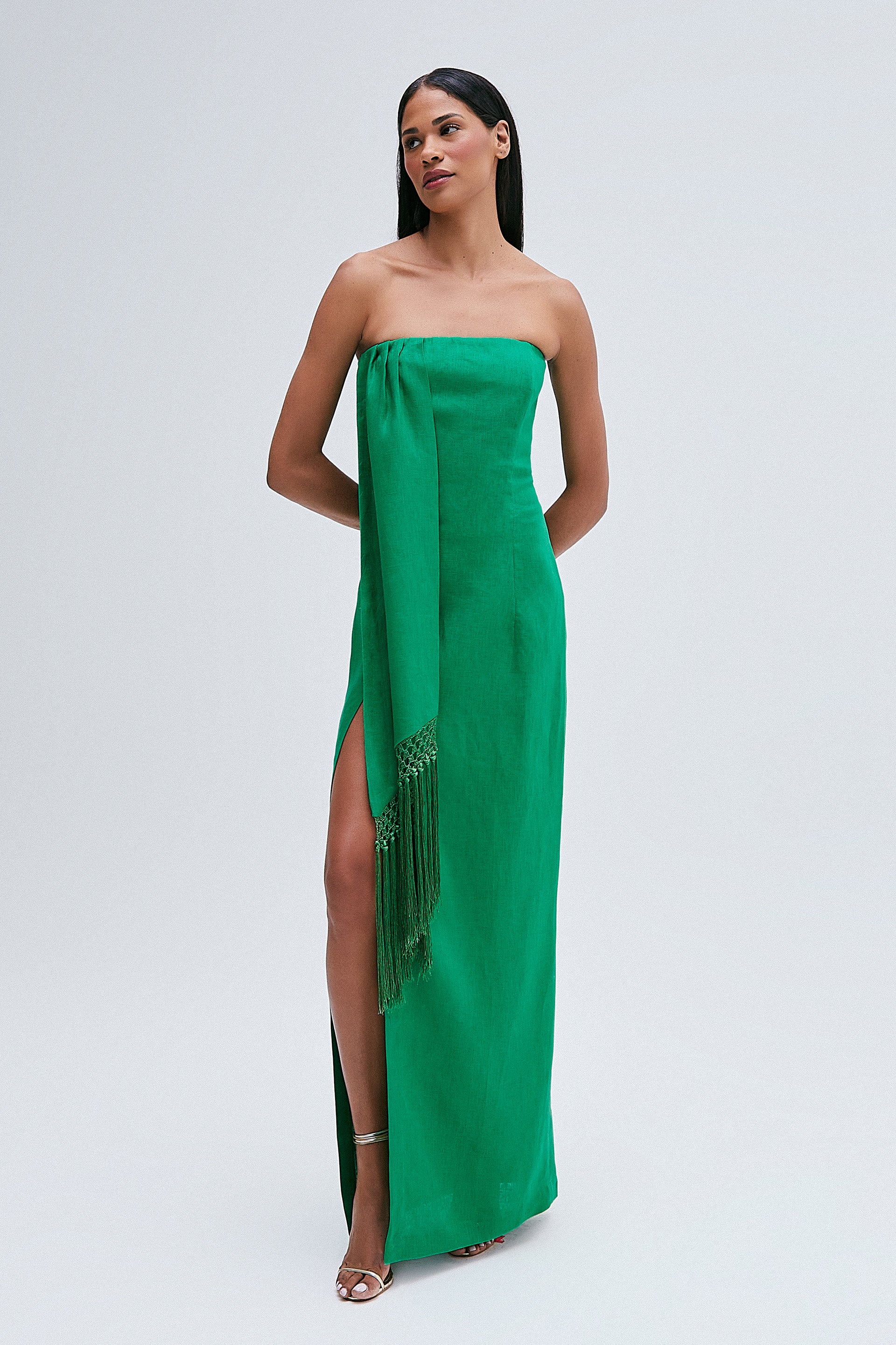 Vestido Longo Tomara que Caia com Fenda Verde Escuro