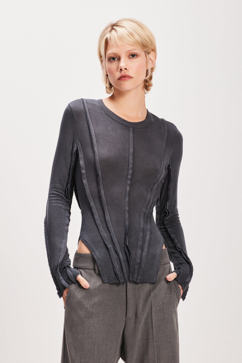 BLUSA RECORTES TINTURADA MALHA CINZA (8080366076131)