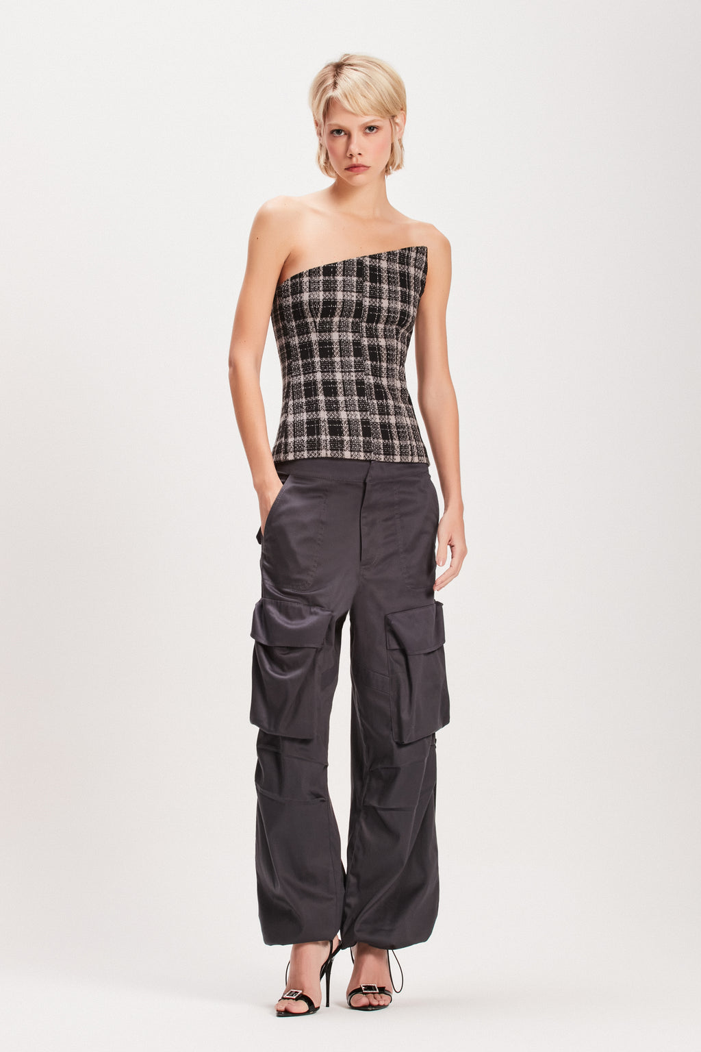 TOP CORSET PONTA TWEED CINZA E PRETO – TIG STORE