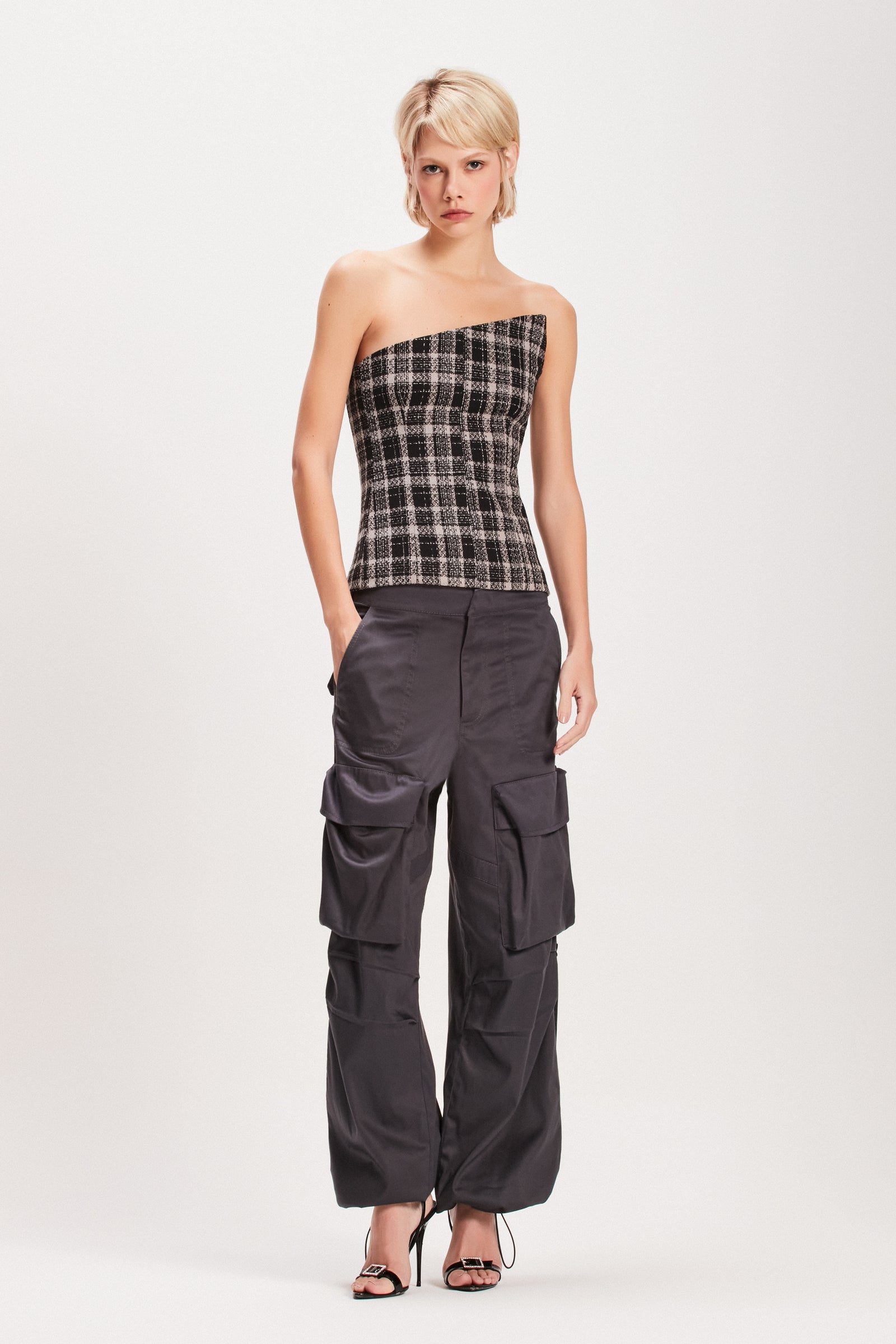 TOP CORSET PONTA TWEED CINZA E PRETO – TIG STORE