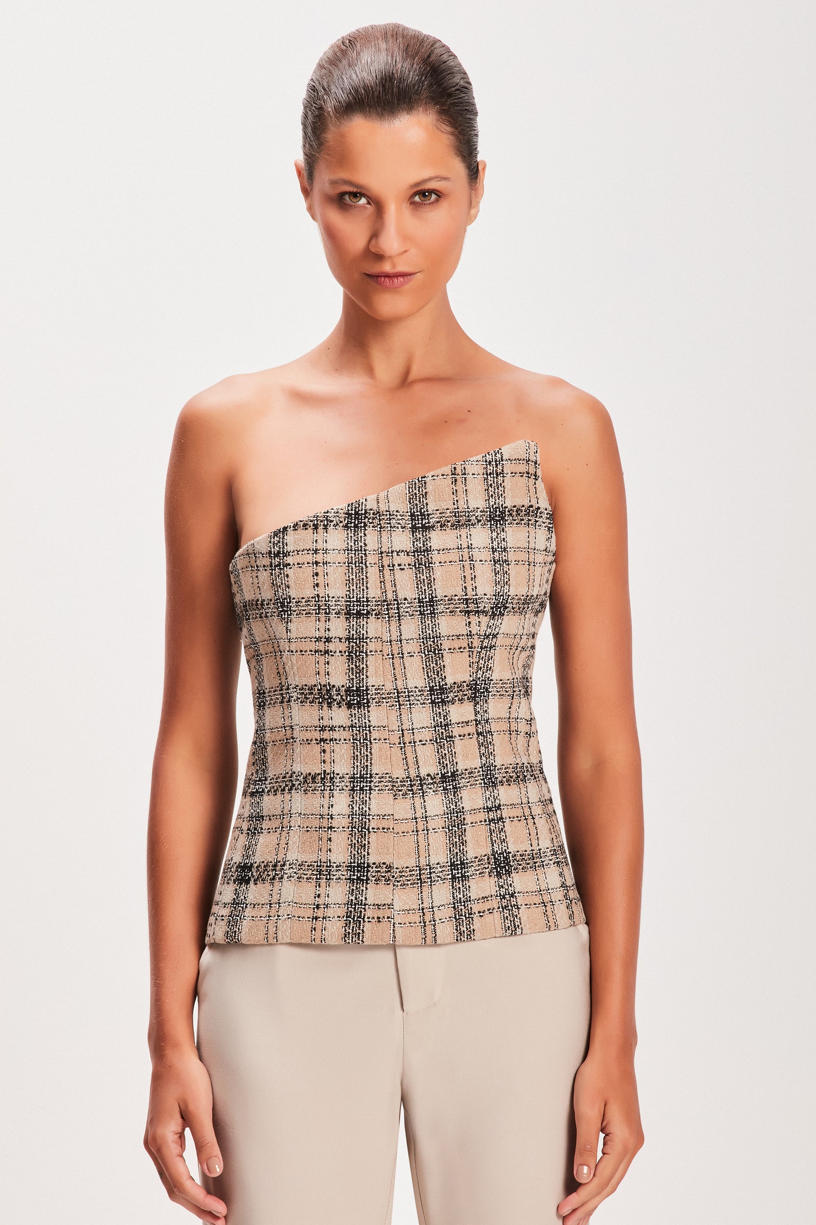 TOP CORSET PONTA TWEED BEGE E PRETO – TIG STORE