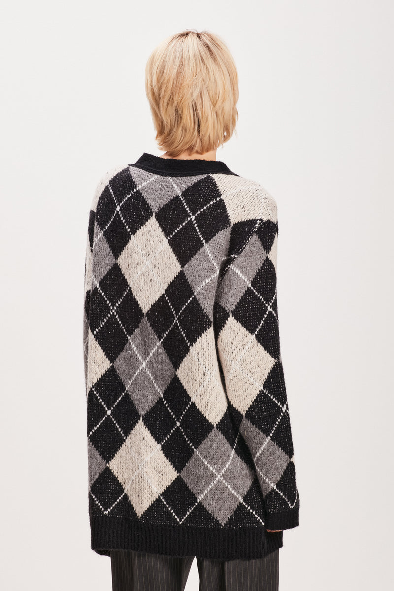 BLUSA CARDIGAN TRICOT ARGYLE PRETO (8080365650147)