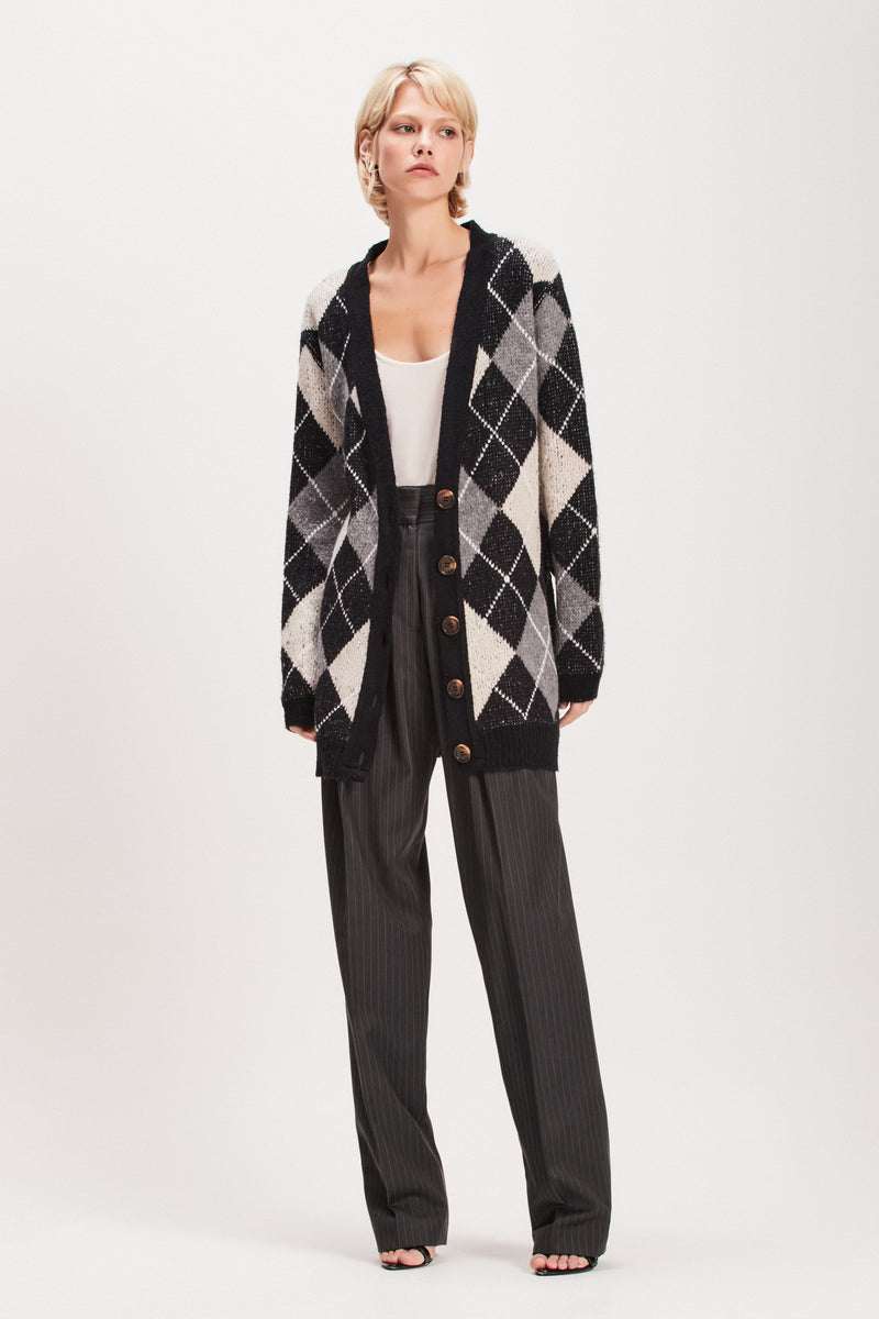 BLUSA CARDIGAN TRICOT ARGYLE PRETO (8080365650147)