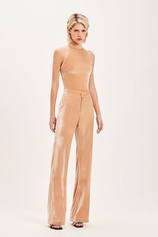 CALÇA RETA ELÁSTICO CINTURA VELUDO BEGE (8098998485219)