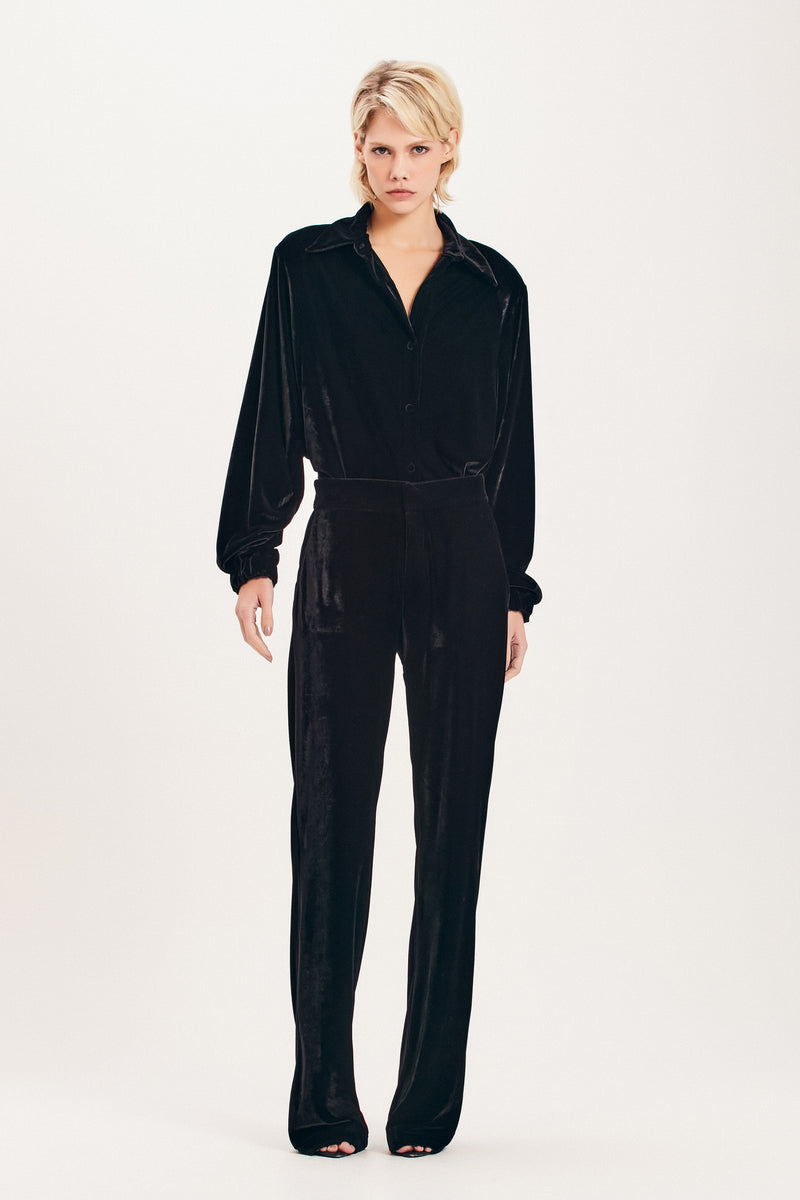 CALÇA RETA ELÁSTICO CINTURA VELUDO PRETO (8098998616291)