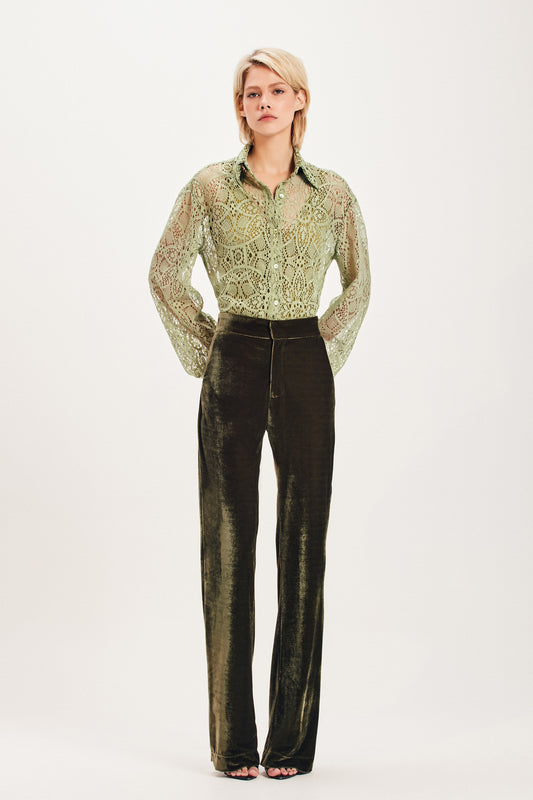 CALÇA RETA ELÁSTICO CINTURA VELUDO VERDE (8098998649059)