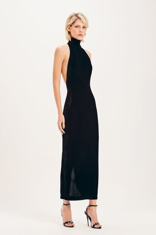 VESTIDO LONGO GOLA ALTA SEM MANGA VELUDO PRETO (8099000975587)
