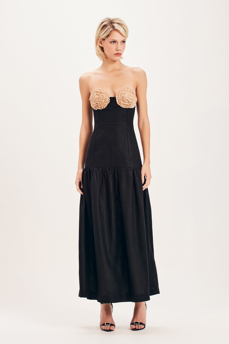 VESTIDO LINHO PRETO PEITO BEGE (8099000910051)