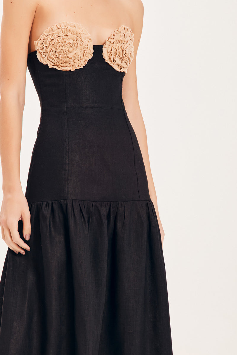 VESTIDO LINHO PRETO PEITO BEGE (8099000910051)