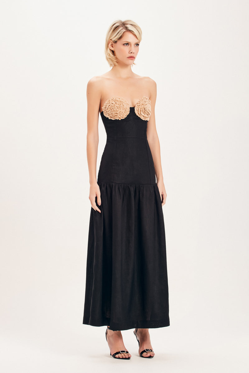 VESTIDO LINHO PRETO PEITO BEGE (8099000910051)