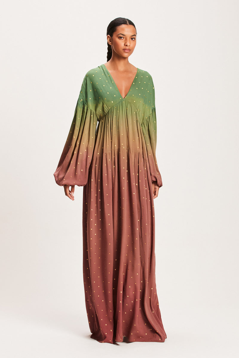 VESTIDO LONGO LUREX VERDE E MARROM TIE DYE (8112396271843)