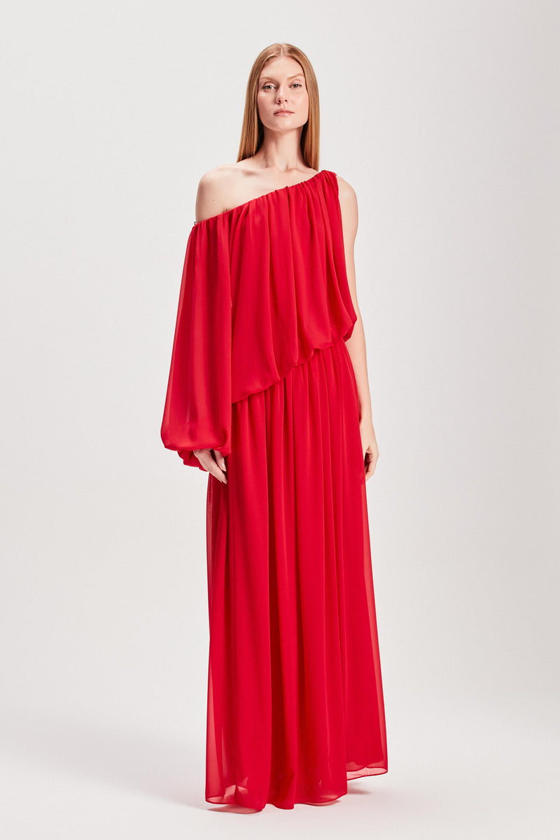 VESTIDO LONGO UM OMBRO DRAPEADO GGT VERMELHO (8127966675171)