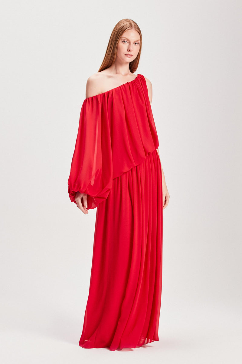 VESTIDO LONGO UM OMBRO DRAPEADO GGT VERMELHO (8127966675171)