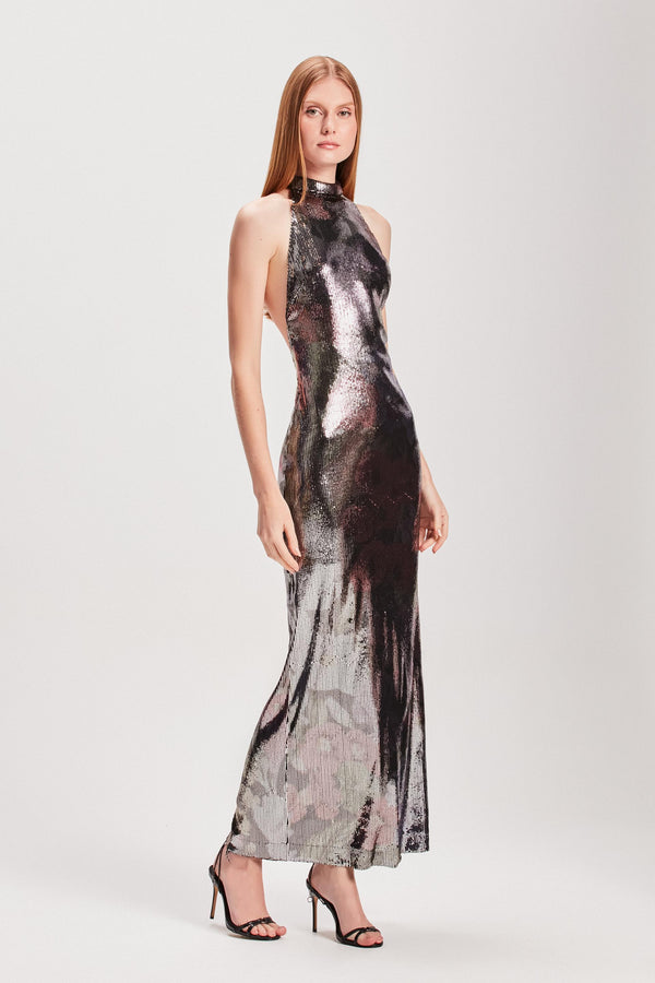 VESTIDO LONGO FRENTE UNICA PAETÊ FLORAL (8127966019811)