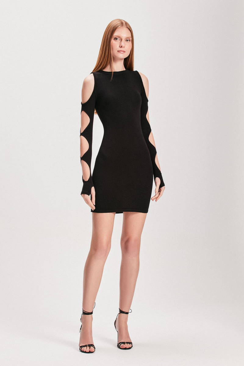 VESTIDO CURTO TRICOT RECORTES MANGA PRETO (8127965855971)