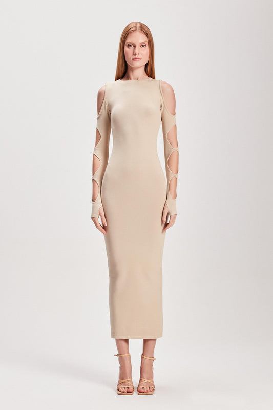 VESTIDO MIDI TRICOT RECORTES MANGA BEGE (8127966871779)
