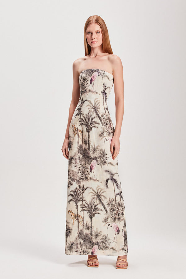 VESTIDO LONGO TOMARA QUE CAIA LINHÃO ESTAMPA JUNGLE OFF WHITE (8127966445795)