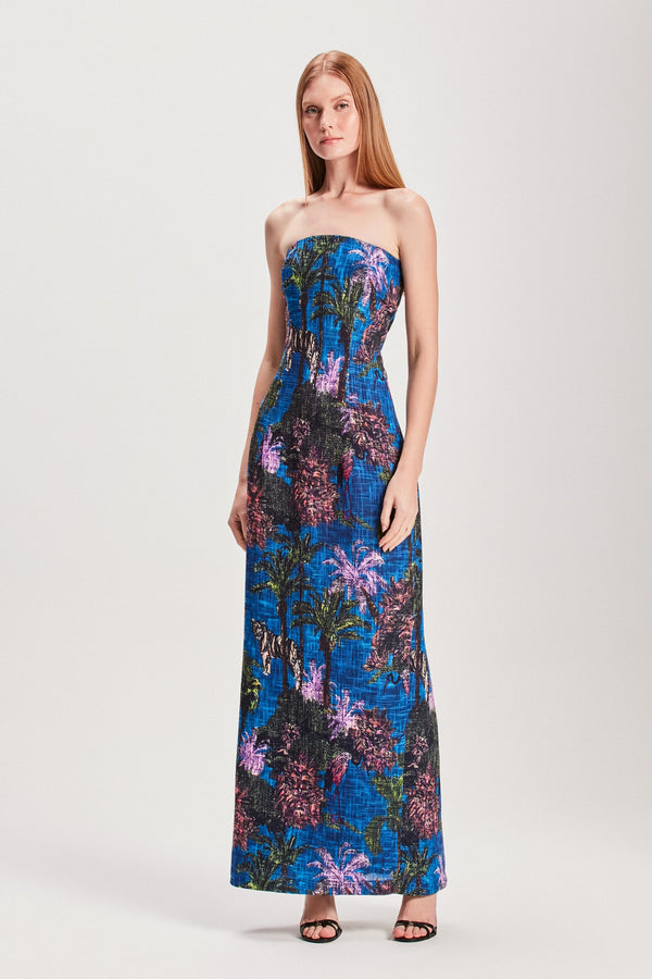 VESTIDO LONGO TOMARA QUE CAIA LINHÃO ESTAMPA JUNGLE AZUL (8127966216419)
