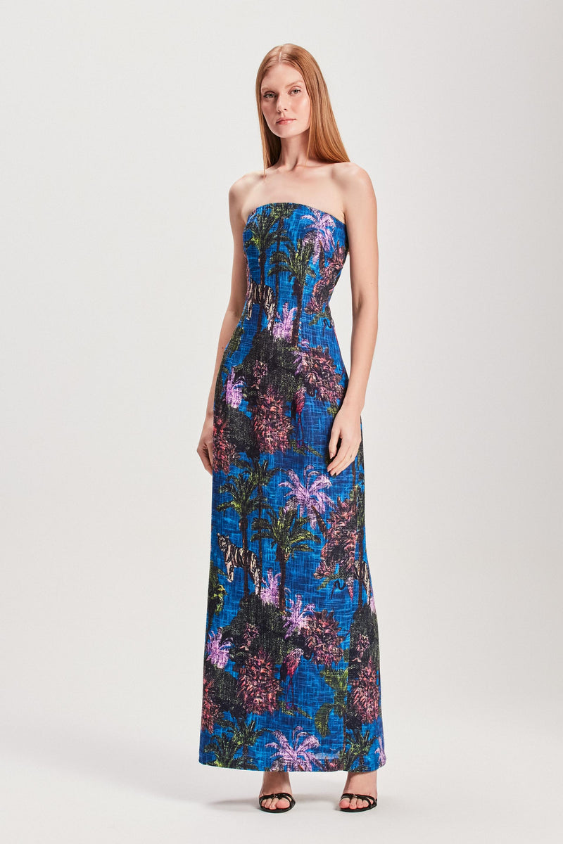 VESTIDO LONGO TOMARA QUE CAIA LINHÃO ESTAMPA JUNGLE AZUL (8127966216419)