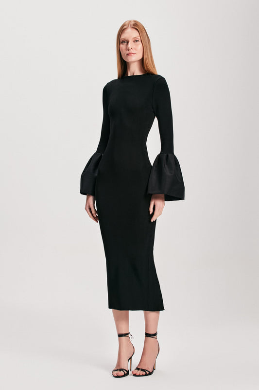 VESTIDO MIDI BANDAGEM TRICOT MANGA TAFETÁ BALONÊ PRETA (8127966773475)