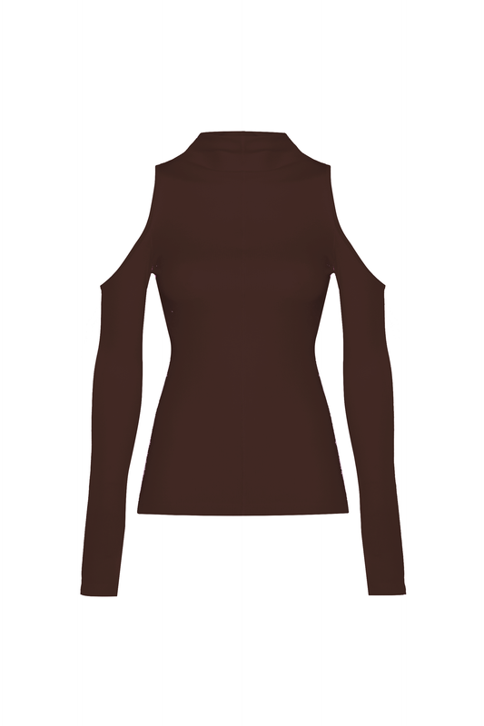 BLUSA GOLA ALTA ABETURA OMBRO MALHA MARROM (8930458730723)