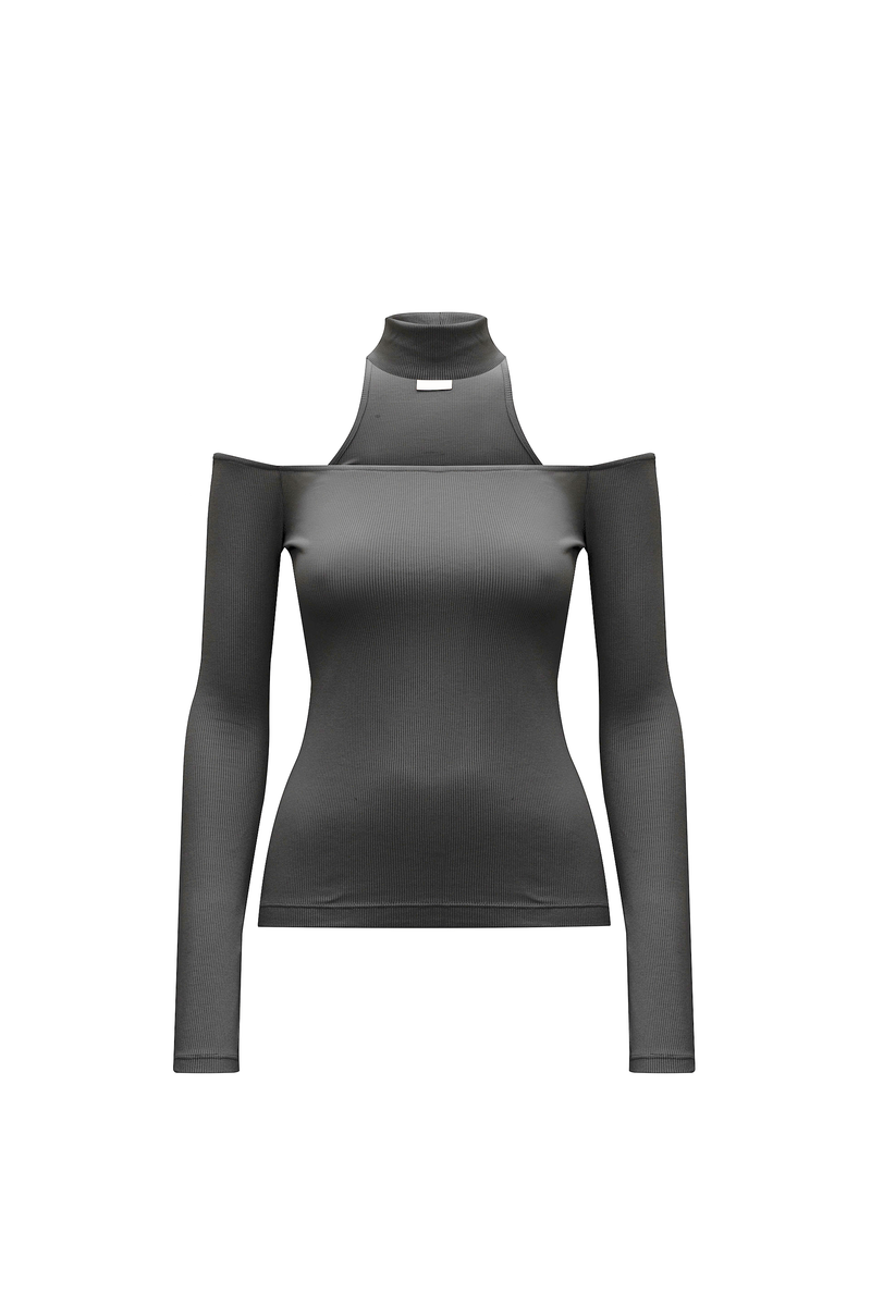 BLUSA DECOTE GOLA FALSA MALHA CINZA ESCURO (8930458534115)