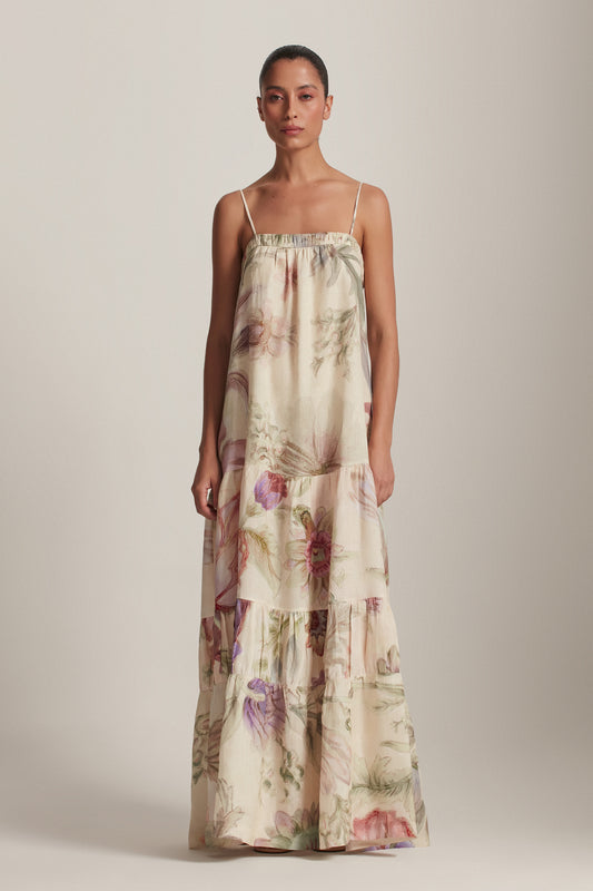VESTIDO LINHO LONGO CAMADAS FLORAL OFF WHITE (8143810560227)
