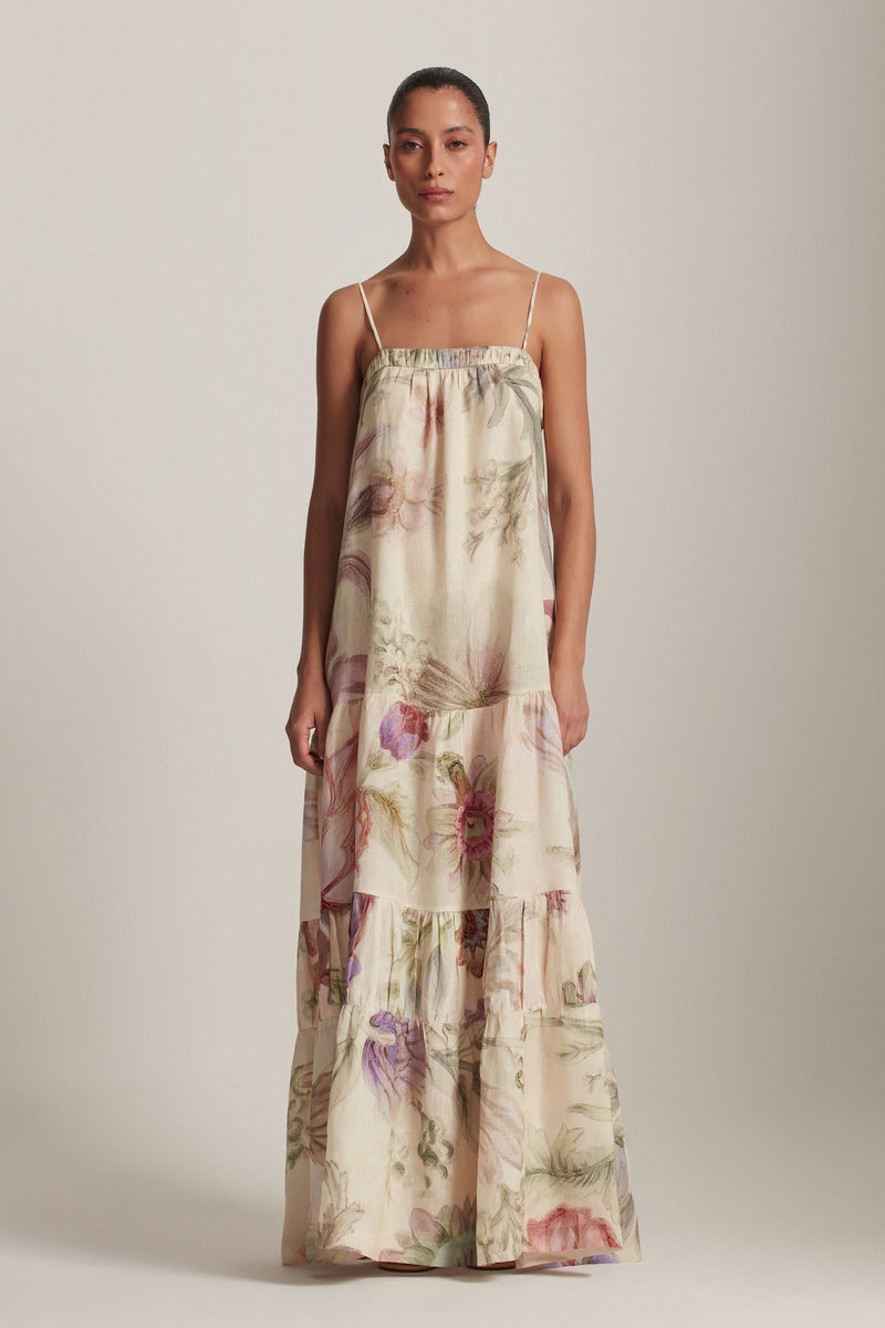 VESTIDO LINHO LONGO CAMADAS FLORAL OFF WHITE (8143810560227)