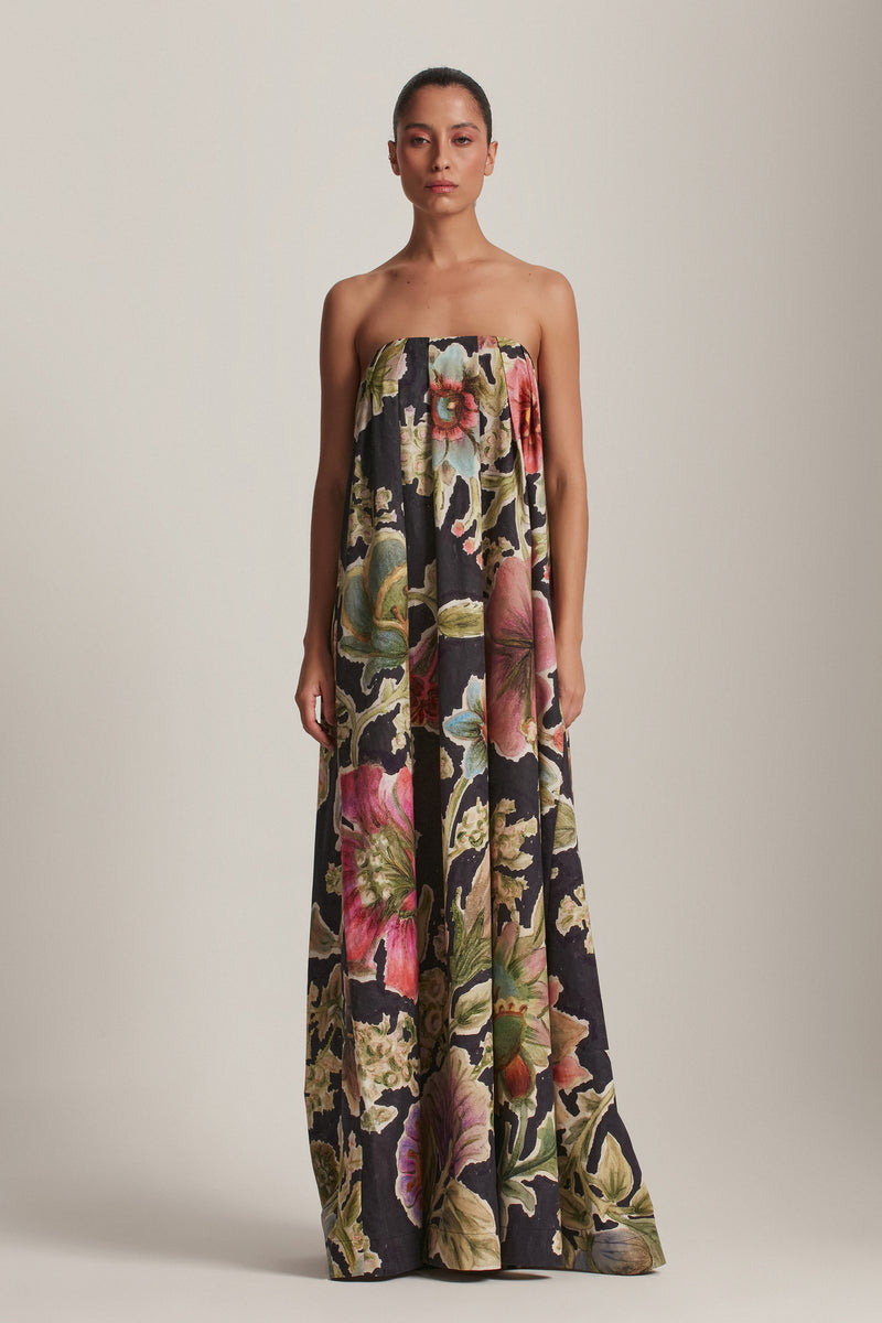 VESTIDO LONGO TOMARA QUE CAIA TRICOLINE FLORAL PRETO (8143810887907)