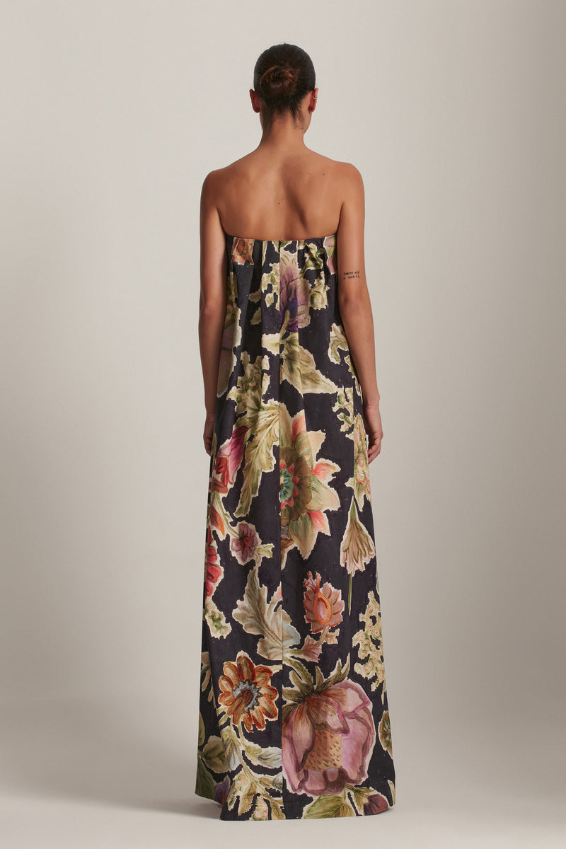 VESTIDO LONGO TOMARA QUE CAIA TRICOLINE FLORAL PRETO (8143810887907)