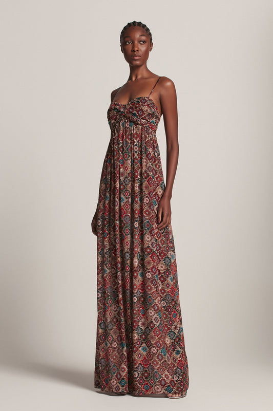 VESTIDO LONGO PEITO DRAPEADO BORDADO LOSANGOS (8157847453923)