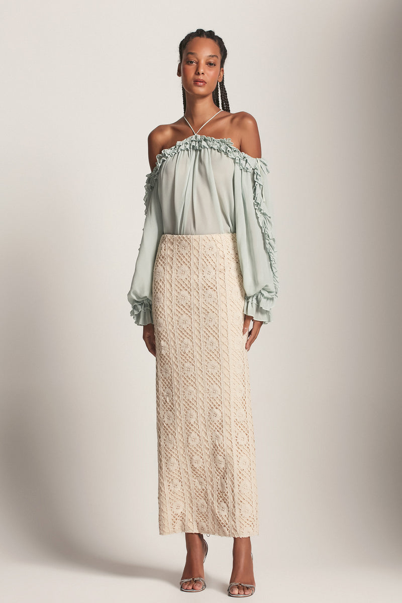 SAIA LÁPIS LONGA RENDA CROCHET