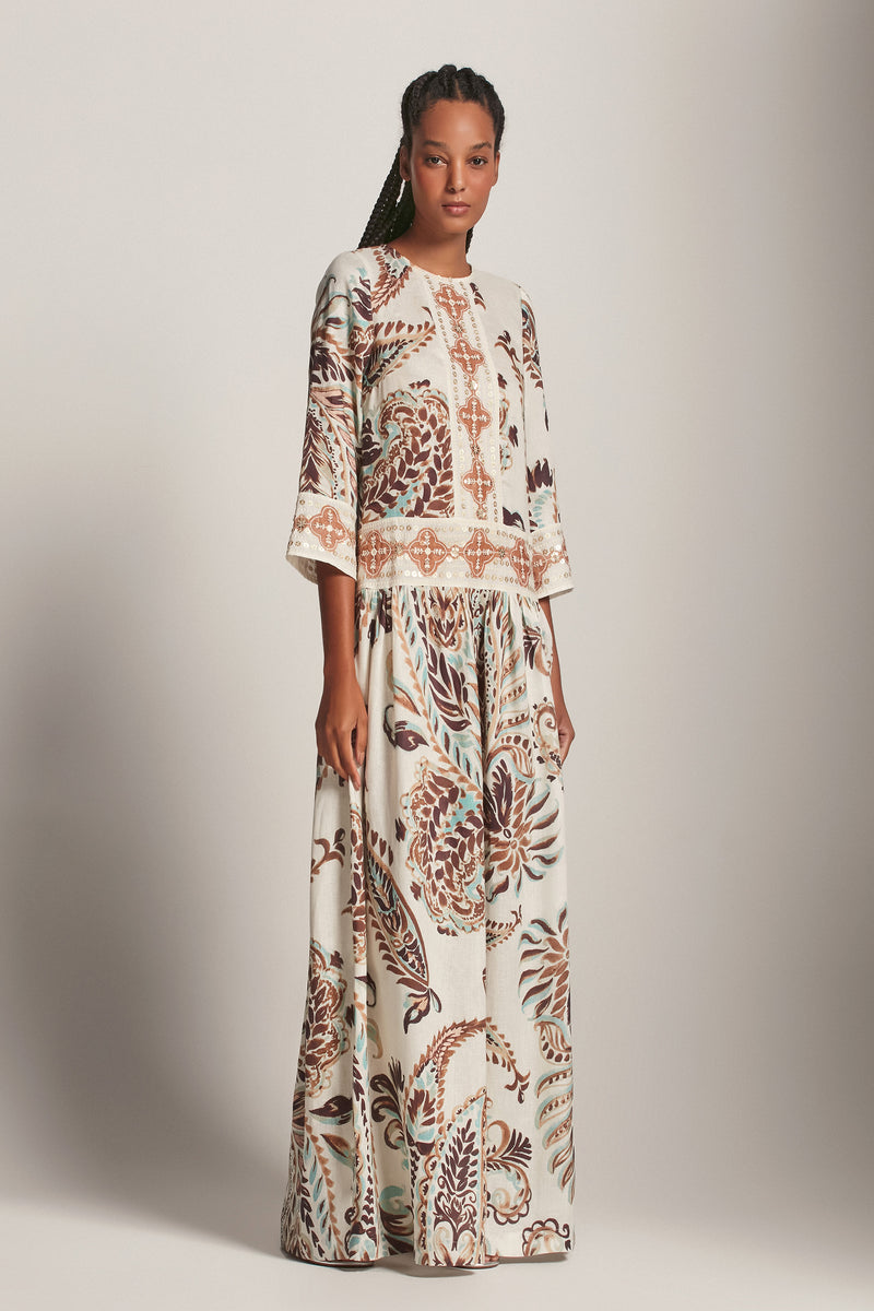 VESTIDO LONGO LINHO ENTREMEIOS ESTAMPA PAISLEY VERDE E MARROM (8193372651747)