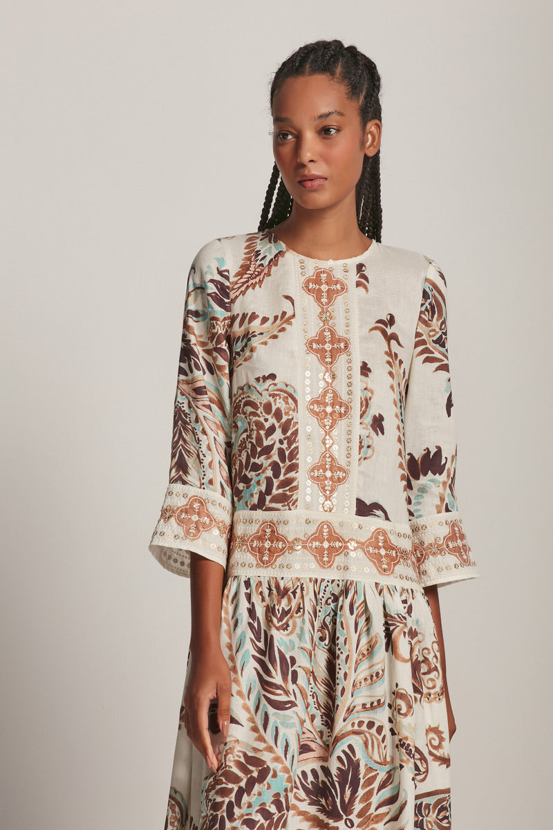VESTIDO LONGO LINHO ENTREMEIOS ESTAMPA PAISLEY VERDE E MARROM (8193372651747)