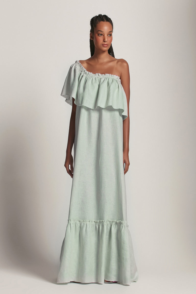 VESTIDO LONGO BABADO UM OMBRO LINHO VERDE CLARA (8193371668707)