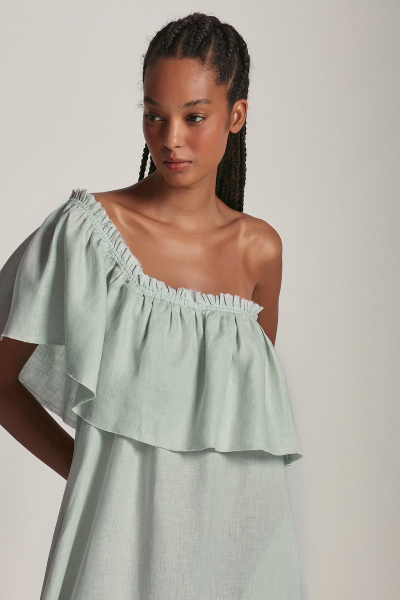 VESTIDO LONGO BABADO UM OMBRO LINHO VERDE CLARA (8193371668707)