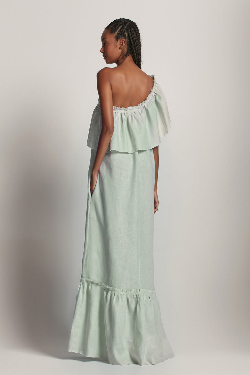 VESTIDO LONGO BABADO UM OMBRO LINHO VERDE CLARA (8193371668707)
