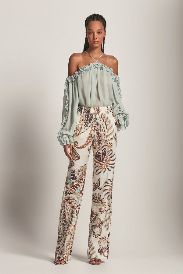 CALÇA LINHO ESTAMPA PAISLEY VERDE E MARROM (8193357644003)