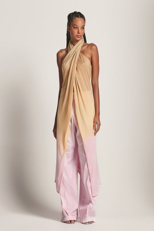TUNICA TRICOT FRENTE ÚNICA DEGRADÊ BEGE E ROSA (8193370489059)