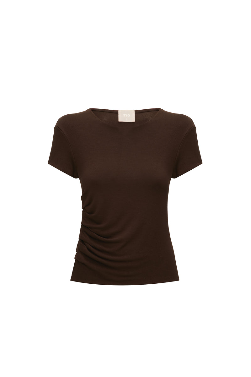 CAMISETA BABY LOOK DRAPEADA MALHA MARROM (8319872499939)