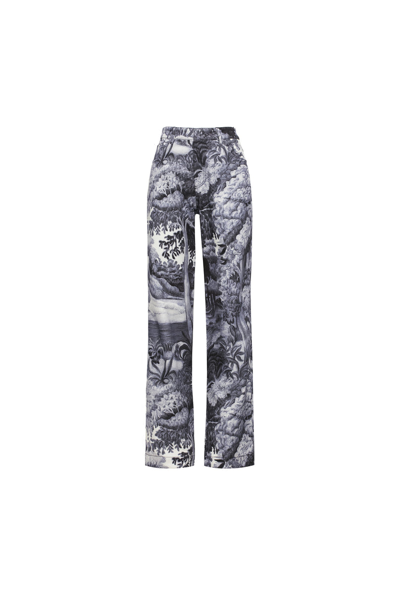 CALÇA SARJA ESTAMPA FLORESTA AZUL (8319871746275)