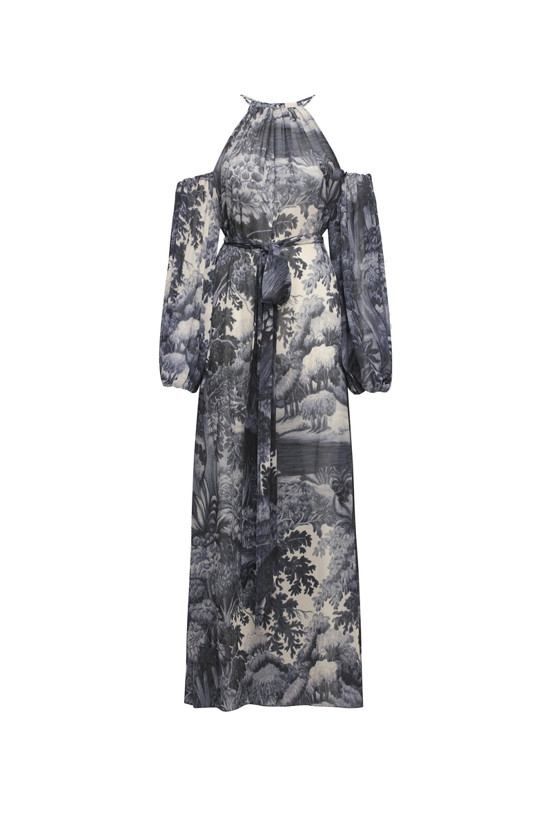 VESTIDO LONGO DECOTE OMBRO GGT ESTAMPA FLORESTA AZUL (8319875219683)