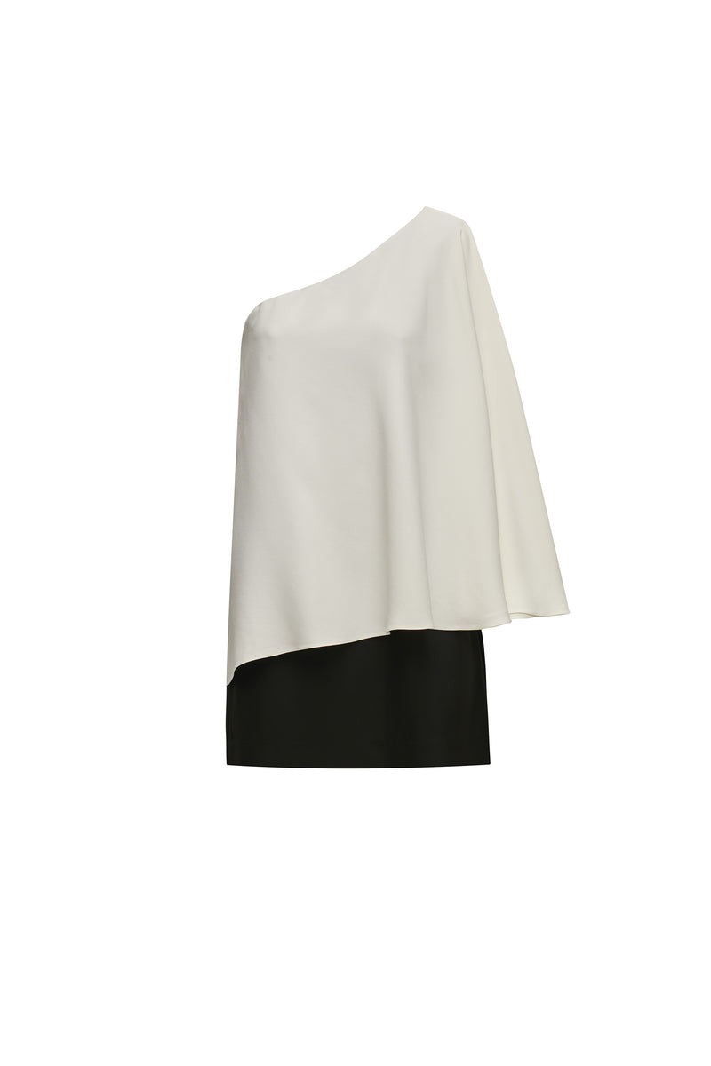 VESTIDO CURTO UM OMBRO BICOLOR CREPE PATOU PRETO E OFF WHITE (8319874892003)