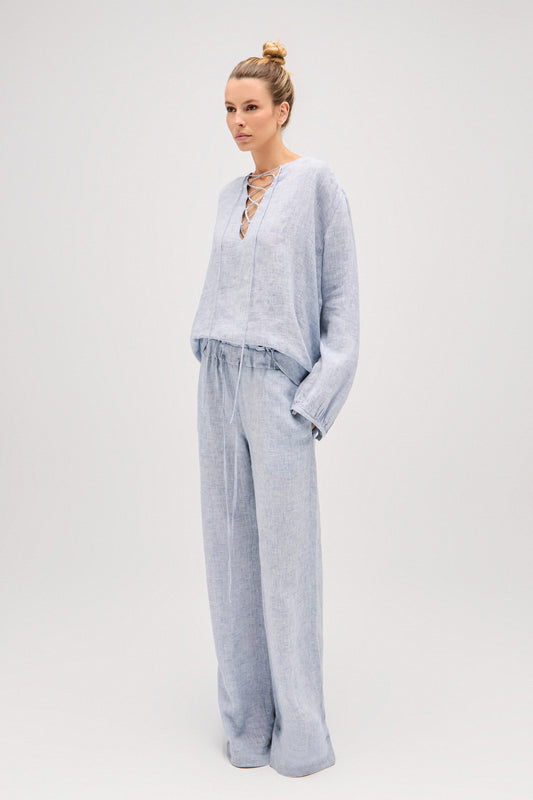 CALÇA ELÁSTICO CÓS LINHO MESCLA AZUL (8644102488291)