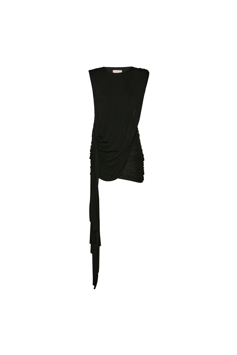 VESTIDO CURTO QUADRIL DRAPEADO SOBREPOSIÇÃO COM FAIXA MALHA PRETO (8784858546403)