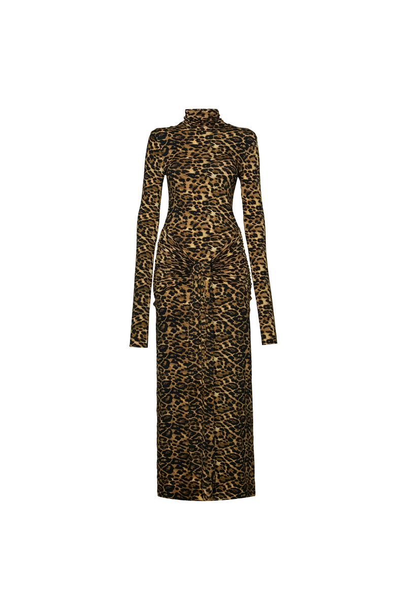 VESTIDO LONGO GOLA ALTA QUADRIL FRANZIDO MALHA ONÇA (8784859660515)