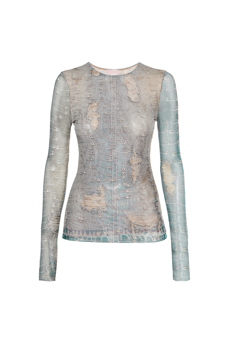 BLUSA MANGA LONGA TULE ESTAMPA JEANS ALFINETES (8784854089955)