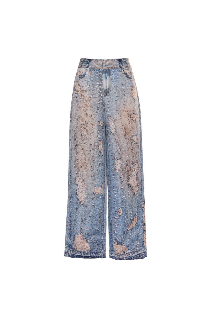 CALÇA SARJA PERNA AMPLA ESTAMPA JEANS ALFINETES (8791557996771)