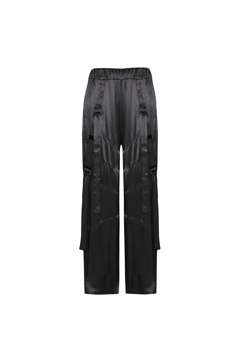 CALÇA RECORTES FAIXAS CETIM PRETA (8809477144803)