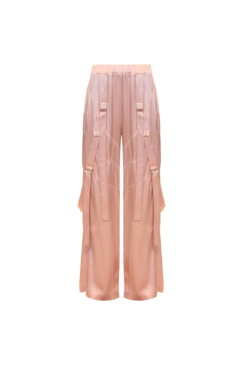 CALÇA RECORTES FAIXAS CETIM ROSA (8809477177571)